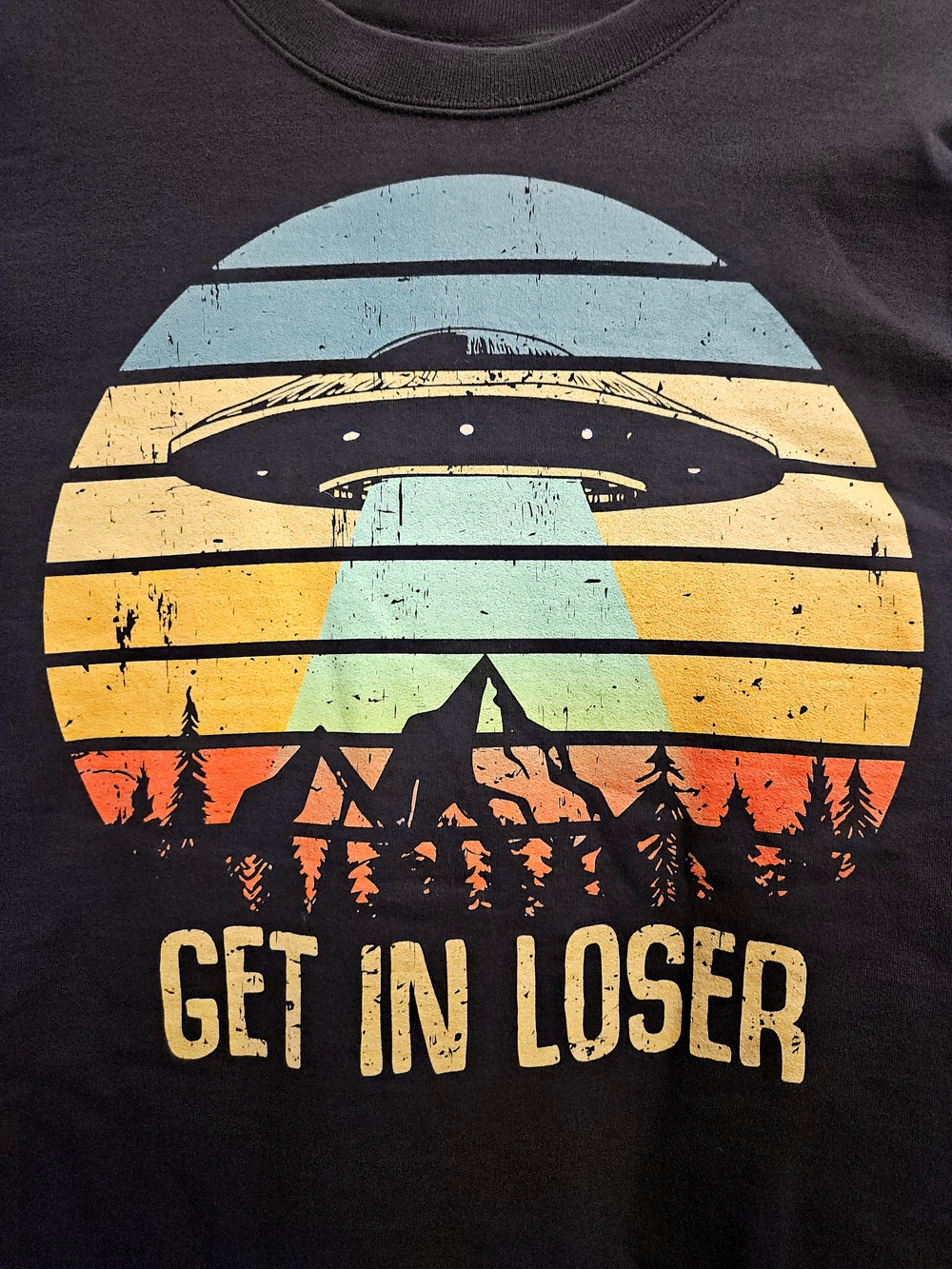Retro UFO Graphic Tee - Black with Sunset Colors - Get In Loser